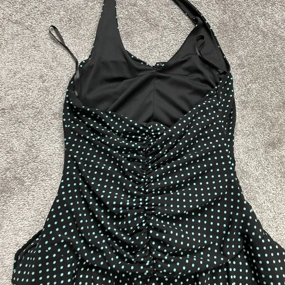AGB Dress Womens 12 Black Polka Polyester Short Halter Backless Stretch A Line